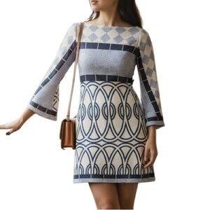 Analili Blue and White Geometric Mini Shift Dress